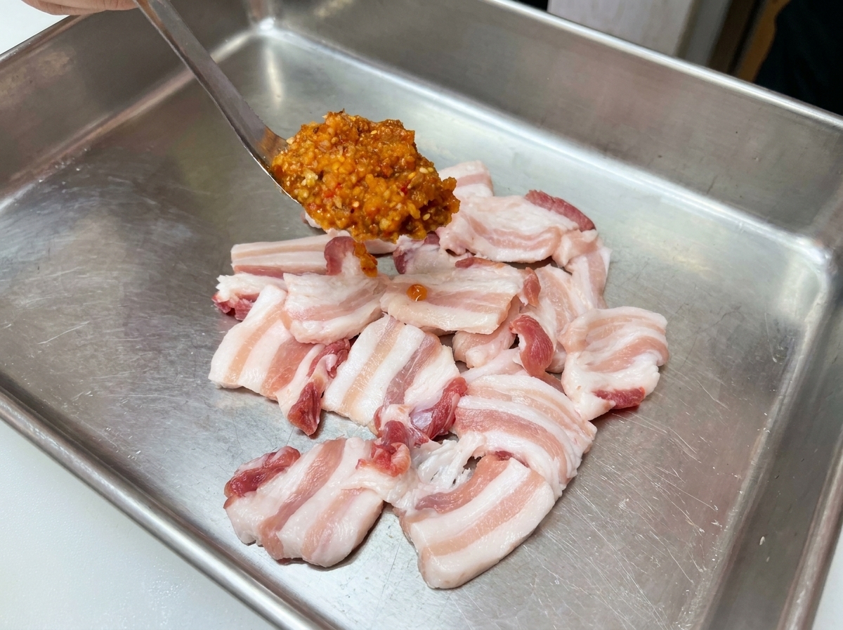 Un cucchiaio che dispone la marinatura rossa su fette di pancetta di maiale cruda adagiate su un vassoio di metallo.