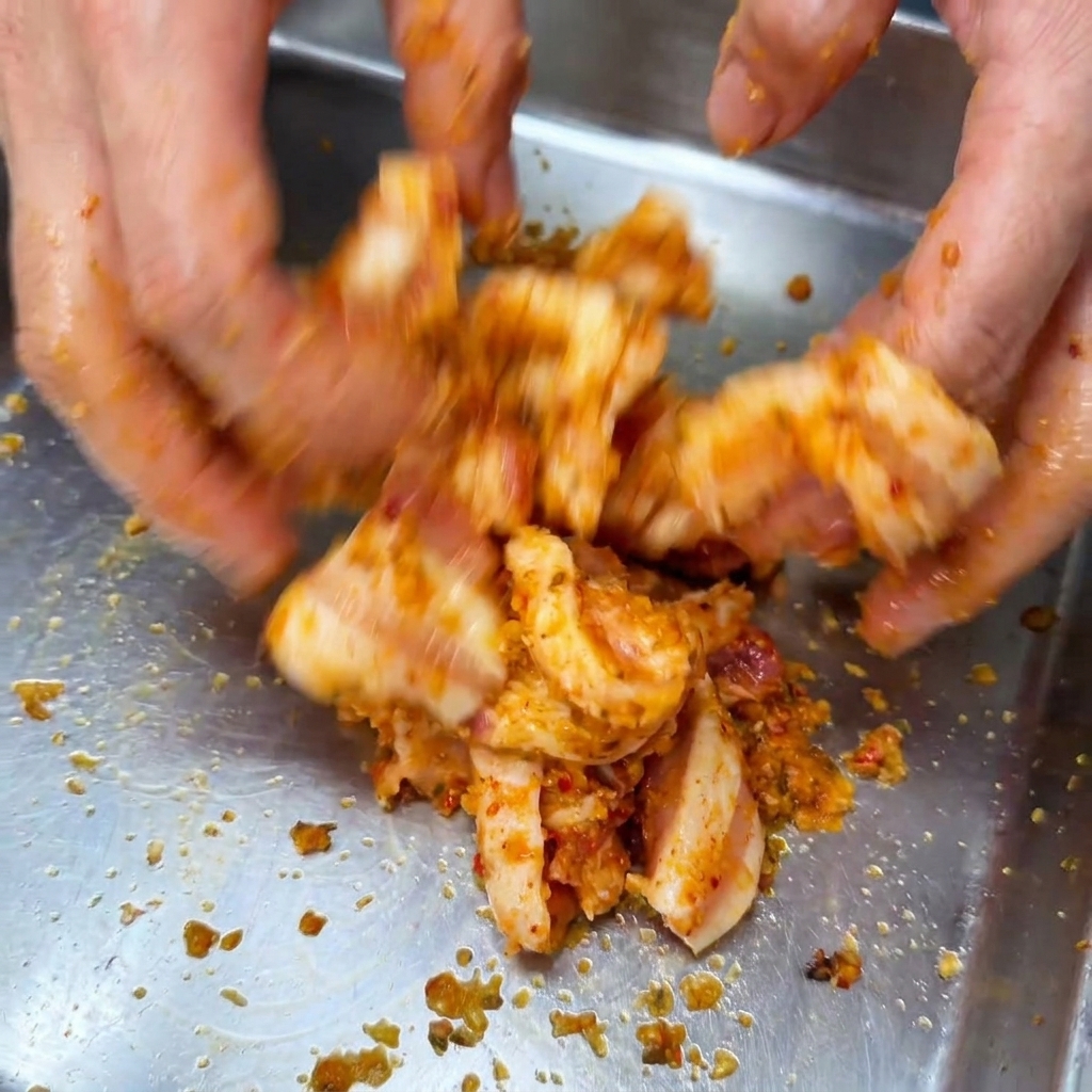 Mani che mescolano fette di pancetta di maiale cruda con una marinatura speziata rossa in una teglia di metallo.