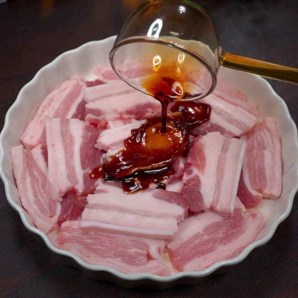Condimento in polvere versato sulla pancetta di maiale cruda.