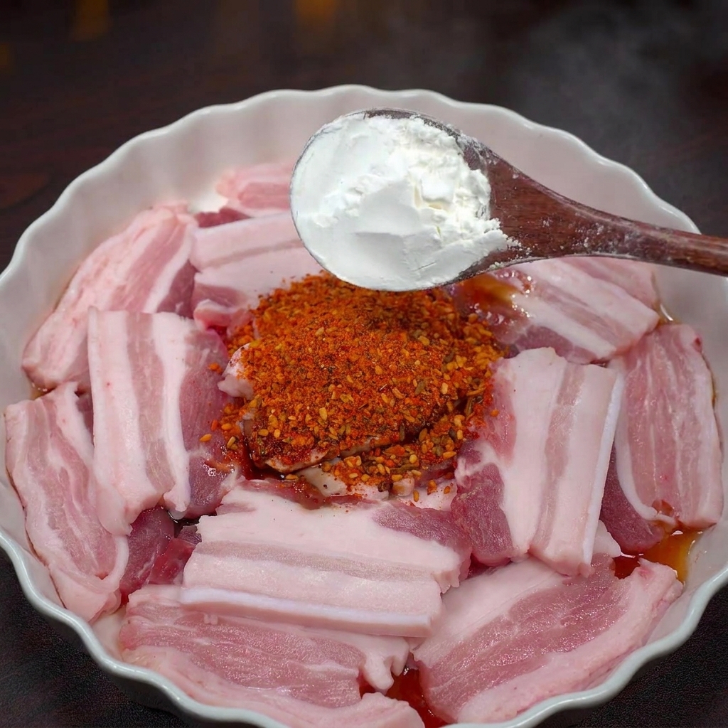 Un cucchiaio di legno aggiunge dellamido di mais bianco sulla carne condita con spezie rosse.