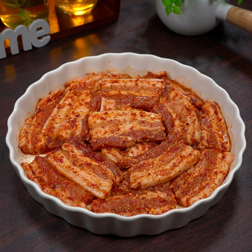 Fette di pancetta ben ricoperte da una salsa rossa, disposte ordinatamente in una ciotola bianca.