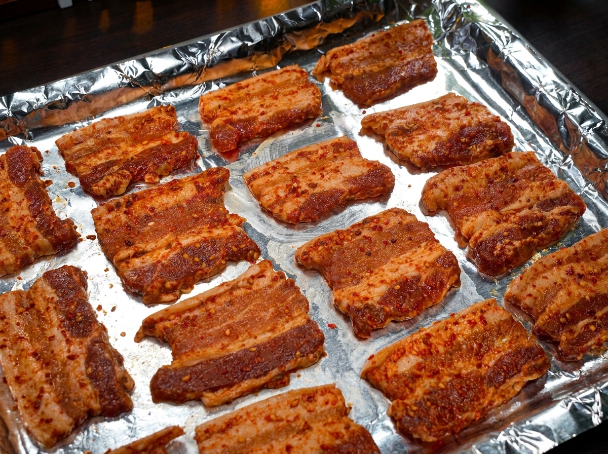 Una teglia con fette di pancetta condite e disposte sulla stagnola, pronte per il forno.