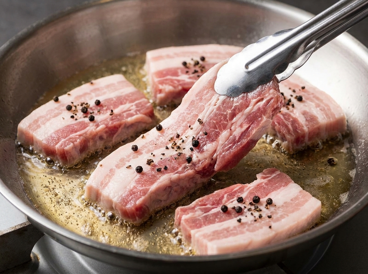 Pinze che adagiano fette di pancetta condite con pepe su una piastra nera rovente e oliata.