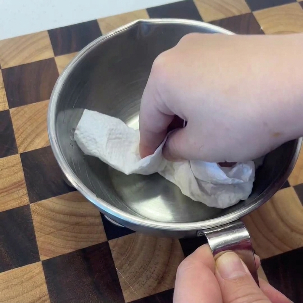 Una mano che usa carta assorbente bianca per asciugare i gamberi crudi in una ciotola di acciaio inox.