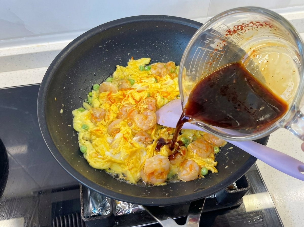 Un misurino di vetro versa una salsa scura a base di soia sopra gamberi, uova e piselli in una padella nera.