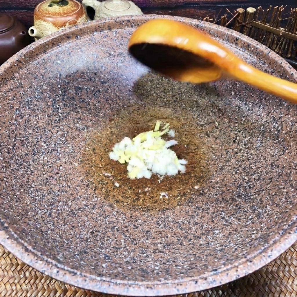 Aglio e zenzero tritati che sfrigolano in un wok con un velo dolio.