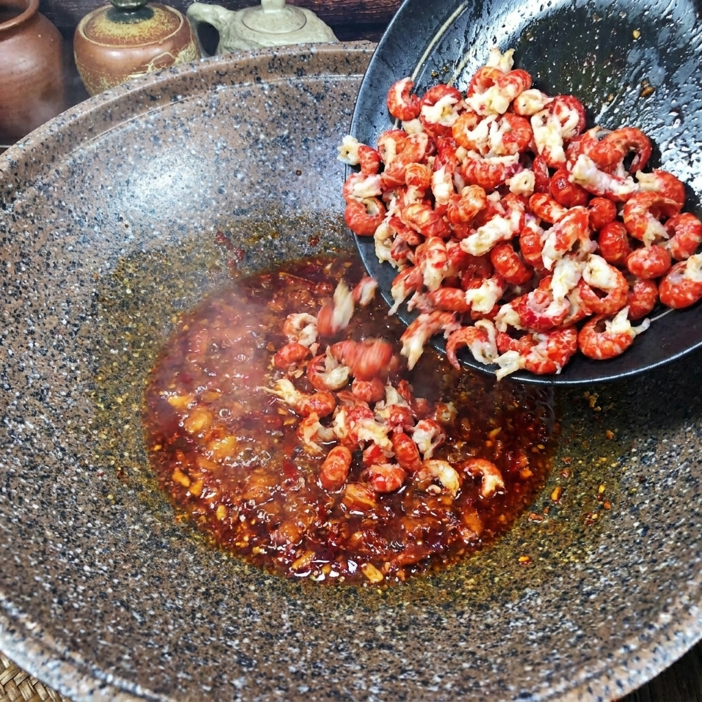Polpa di gamberi rosa che viene versata in un wok con una salsa rossa piccante e gorgogliante.