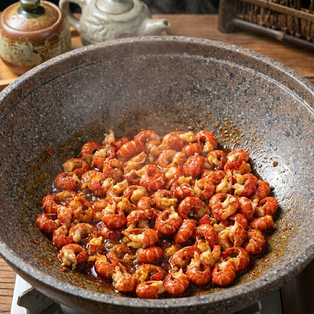Code di gambero condite con salsa di soia e salsa dostrica in un wok in pietra.