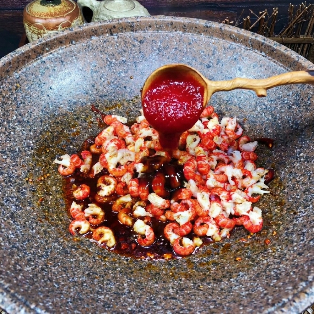 Un cucchiaio di legno aggiunge ketchup rosso brillante ai gamberi nel wok.