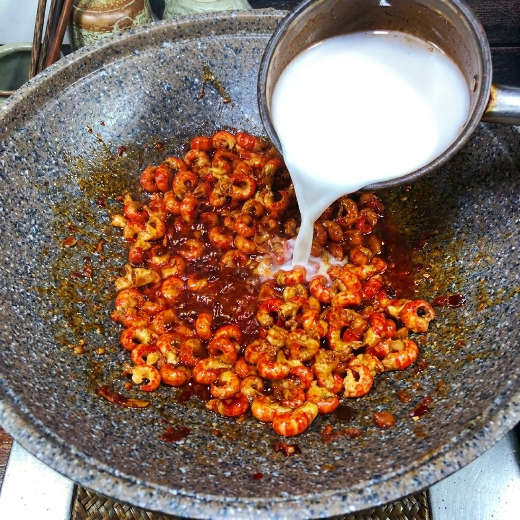 Acqua e amido versati da un pentolino in un wok colmo di gamberi di fiume.