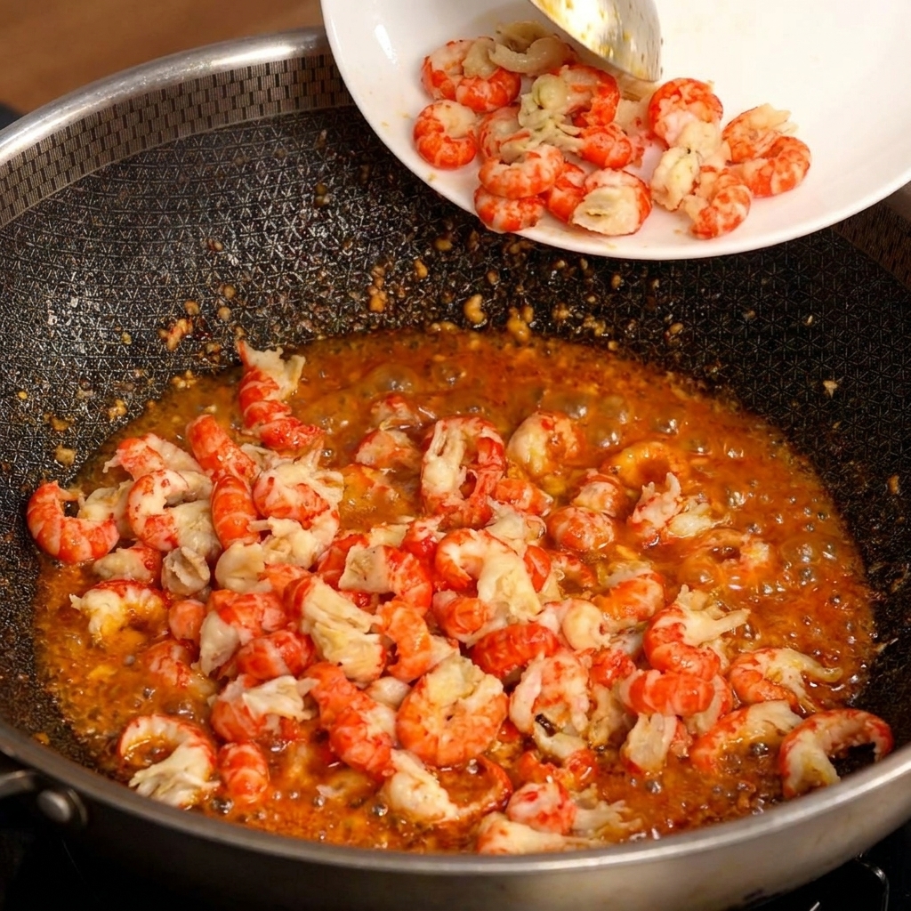 Code di gambero sbollentate vengono versate da un piatto bianco in un wok contenente una salsa allaglio rossa e piccante che sobbolle.