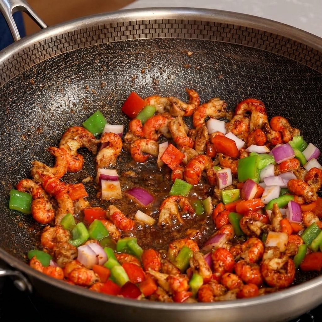 Un primo piano di code di gambero, peperoni e cipolle in un wok a nido dape, pronti per essere conditi.