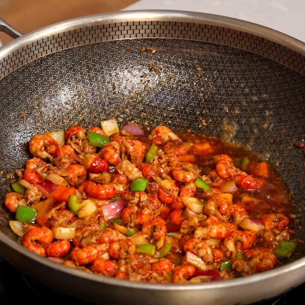 Il vino giallo da cucina viene versato sui bordi caldi del wok contenente i gamberi e le verdure.