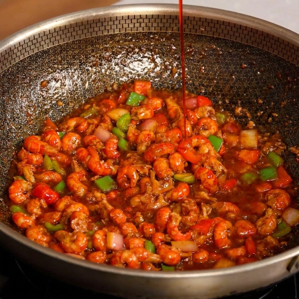 Un filo di vivace olio al peperoncino rosso viene versato sui gamberi e sulle verdure nel wok.