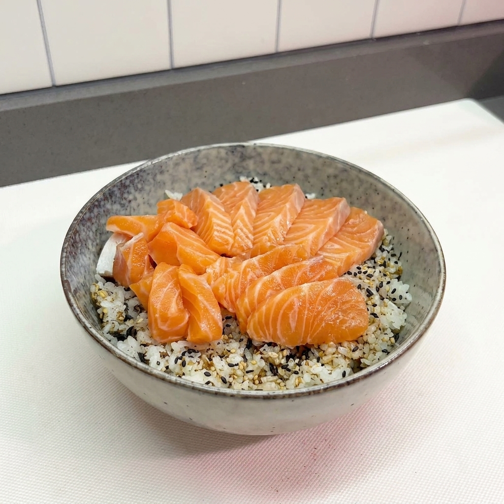 Una ciotola di riso bianco con sesamo e furikake, guarnita con fette di salmone crudo disposte a ventaglio.