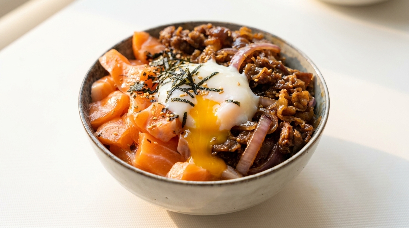Donburi di Salmone e Manzo con Uovo Onsen