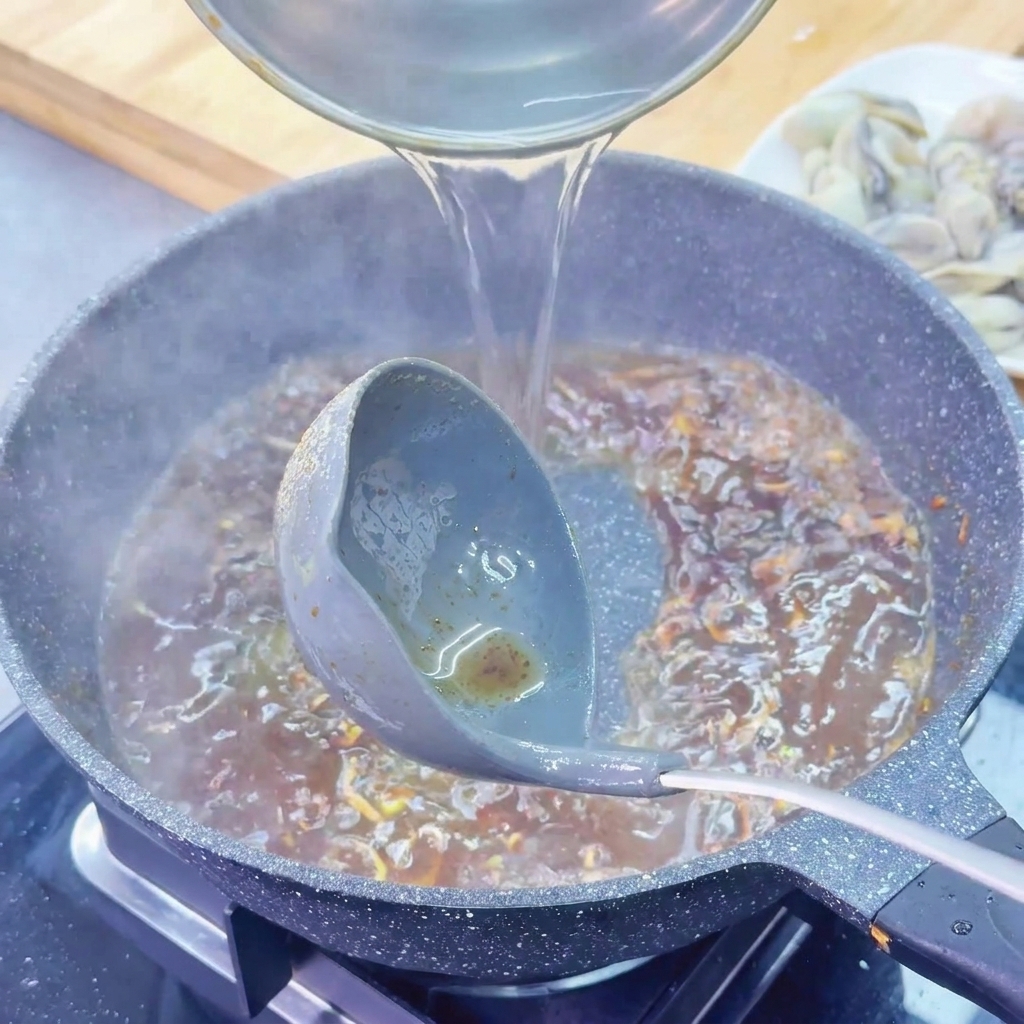 Acqua calda versata da un mestolo in una padella scura con la base di salsa bruna.