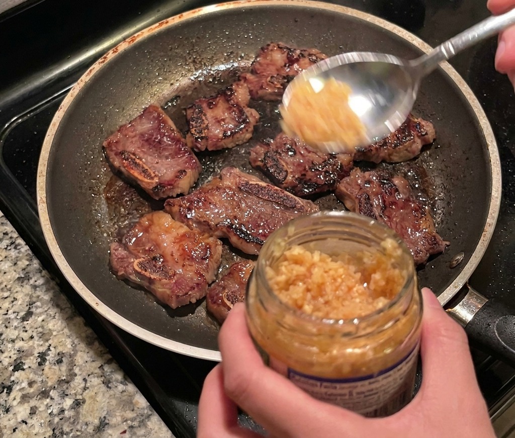 Un cucchiaio di metallo fa cadere dellaglio tritato in una padella piena di costolette di manzo BBQ coreane rosolate.