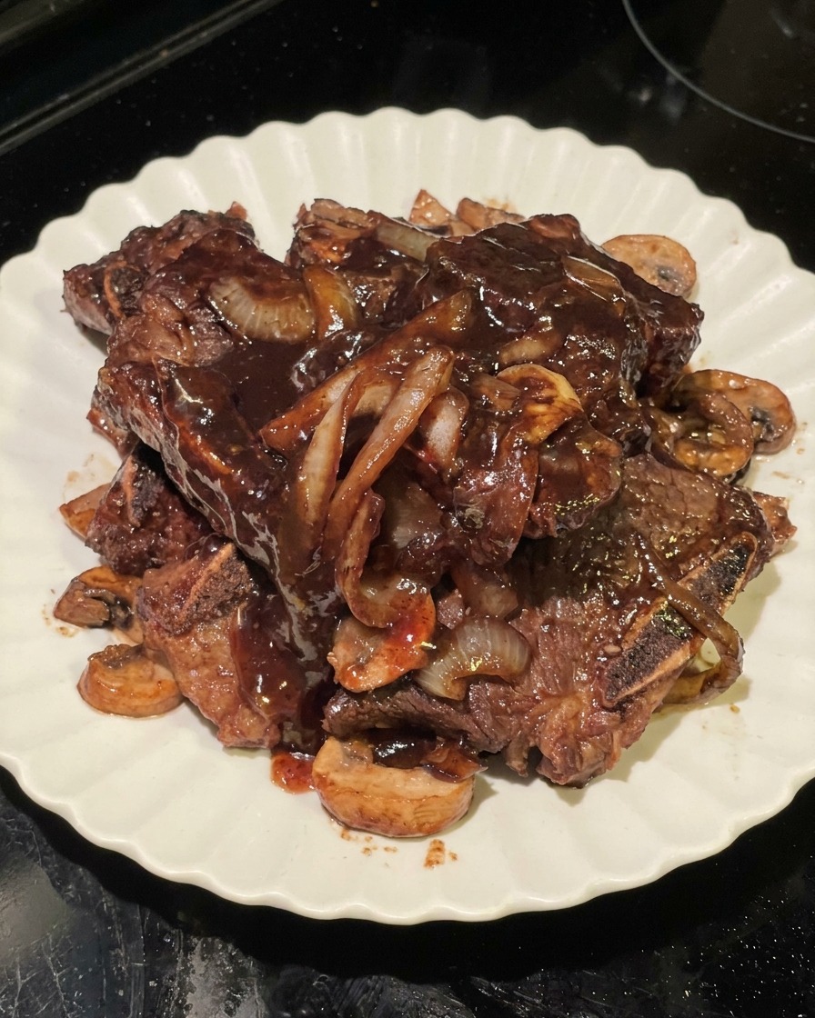 Una porzione di costolette di manzo BBQ coreane cotte con funghi e cipolle su un piatto bianco dai bordi ondulati, ricoperte da una ricca salsa scura.