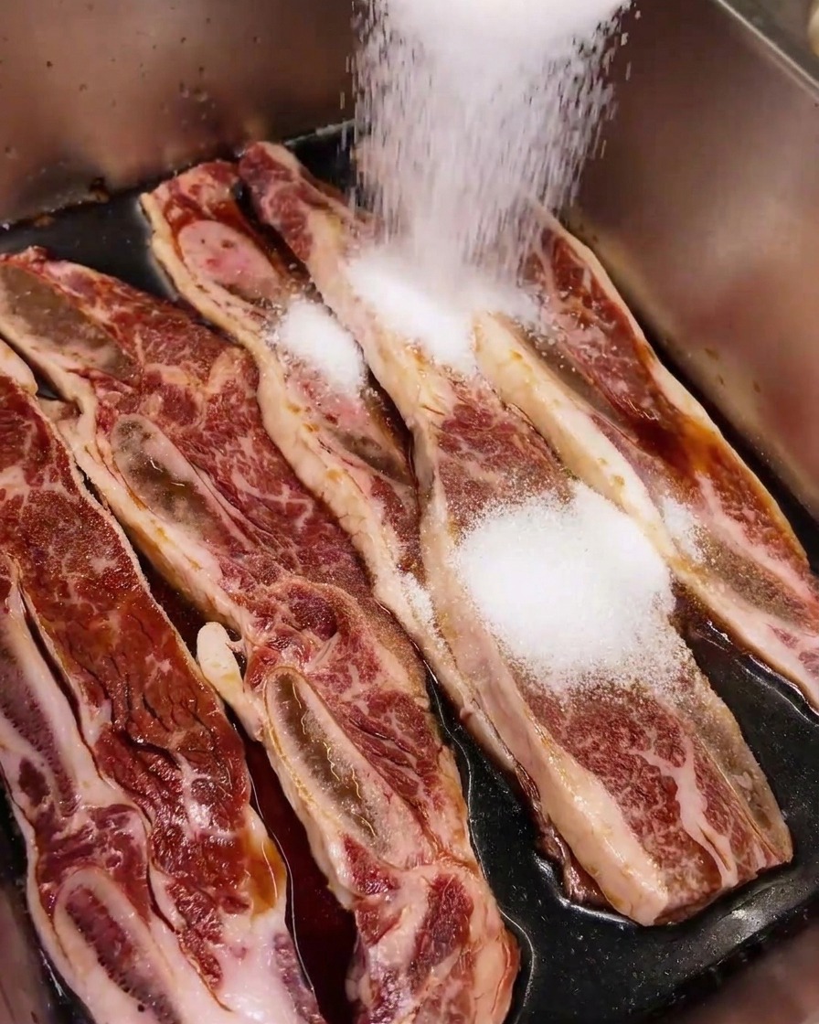 Zucchero bianco versato sulle costine di manzo già bagnate dalla salsa di soia.