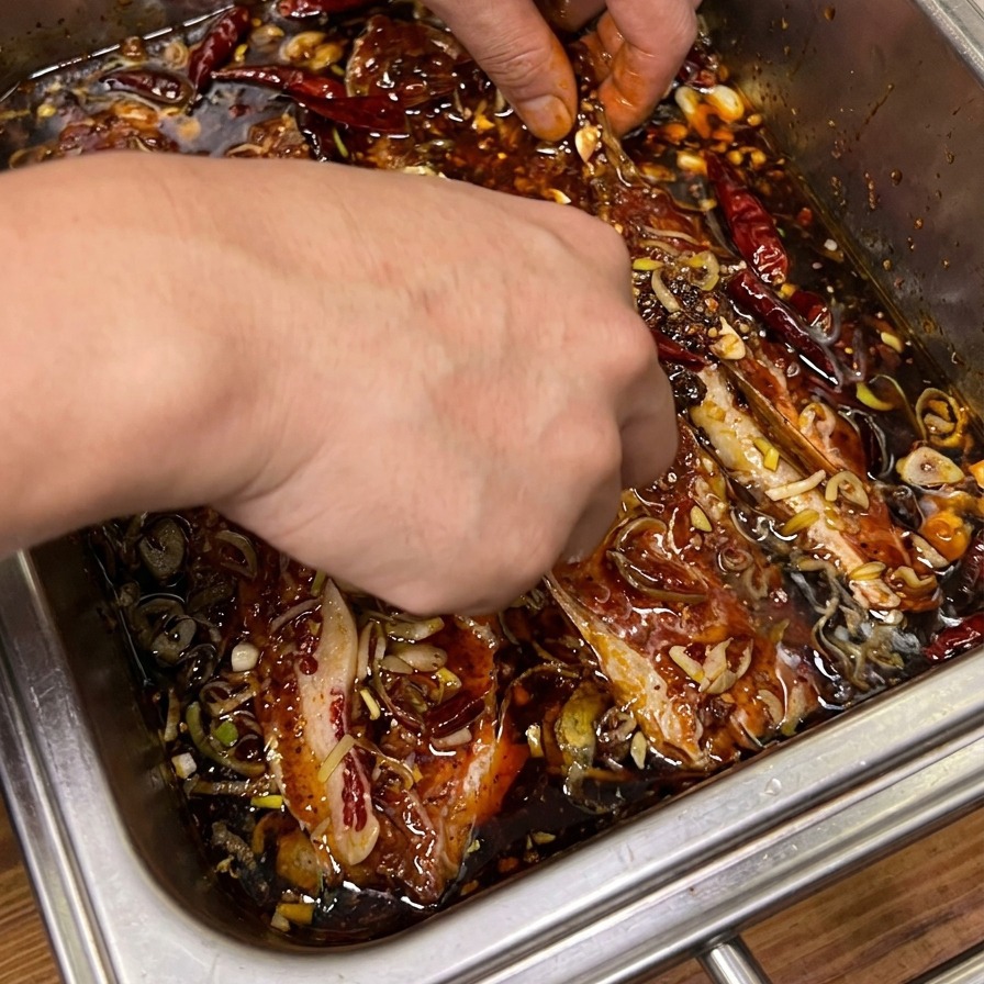 Due mani che mescolano costine di manzo crude in una marinata scura con cipollotti e peperoncino.