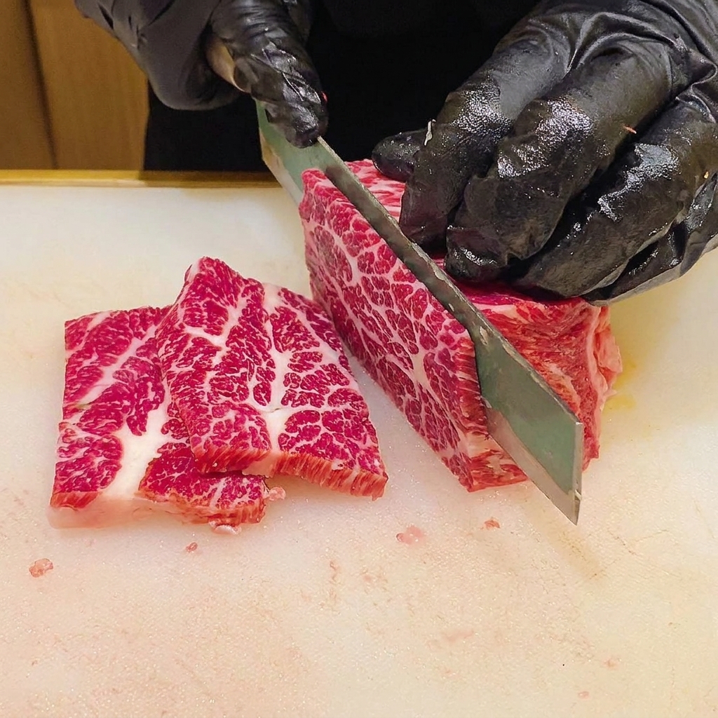 Primo piano di un coltello affilato che taglia un blocco di manzo crudo marezzato su un tagliere bianco, creando fette sottili e uniformi.
