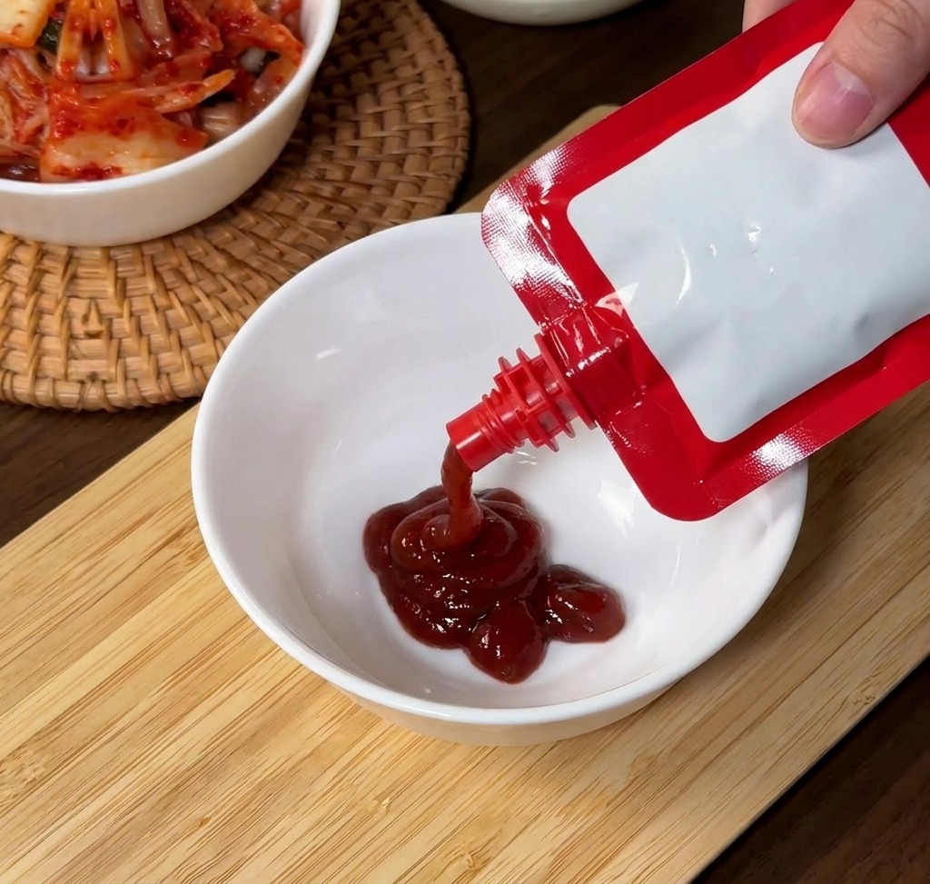 Una mano che versa la pasta di peperoncino coreana da una busta rossa in una ciotola di ceramica bianca.