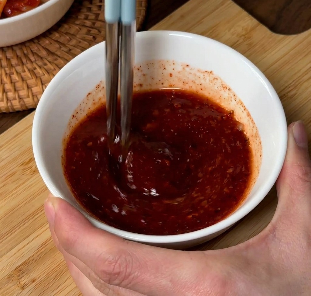Bacchette celesti che mescolano una salsa rossa densa e strutturata in una ciotola bianca.