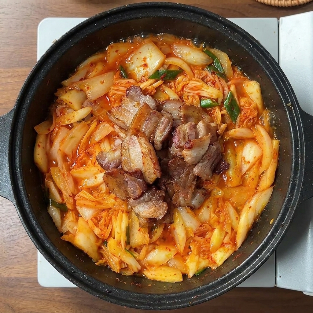 Fette di pancetta croccante adagiate su un letto di kimchi e cipolle saltate in una padella nera.