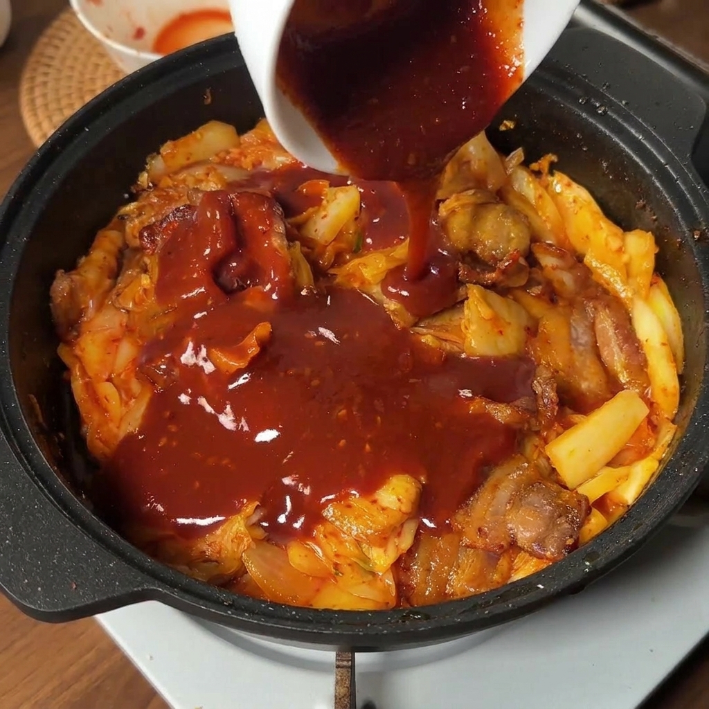 Salsa coreana rossa e densa versata da una ciotolina bianca sulla pancetta e il kimchi in padella.