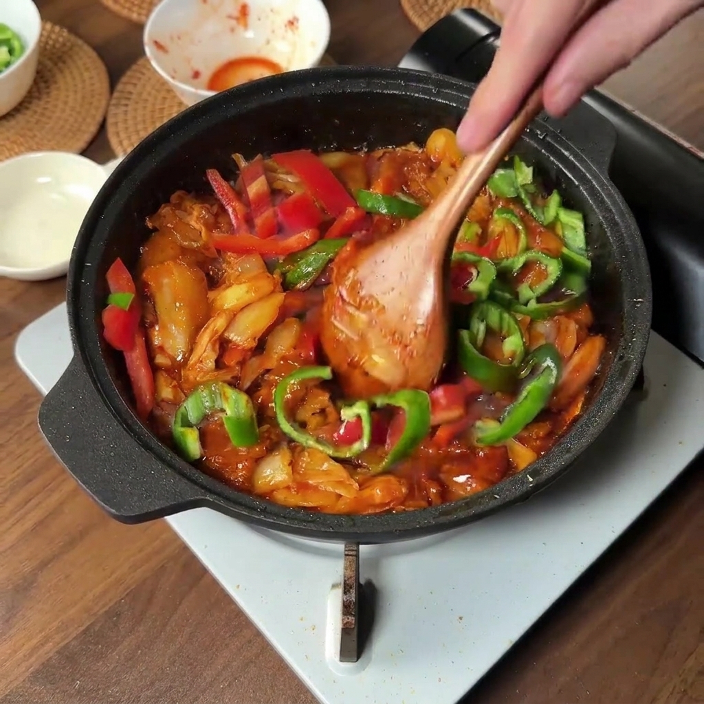 Fette di peperoncino fresco verde e rosso aggiunte alla padella con il maiale piccante e il kimchi.