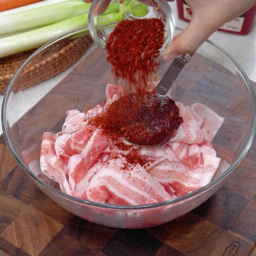 Un primo piano della pasta di peperoncino rossa e condimenti in polvere aggiunti su fettine sottili di pancetta di maiale fresca in una ciotola di vetro.