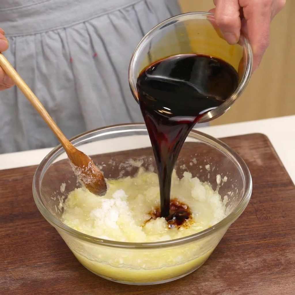 Una mano che versa salsa di soia scura da una piccola ciotola di vetro in una ciotola più grande contenente polpa di frutta chiara e zucchero bianco.