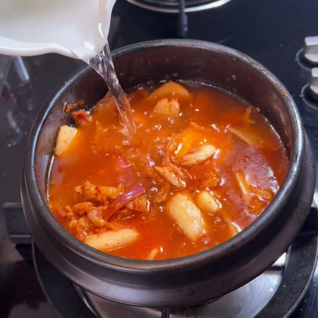 Acqua limpida versata da una caraffa bianca in una pentola scura con kimchi, maiale e cipolle.