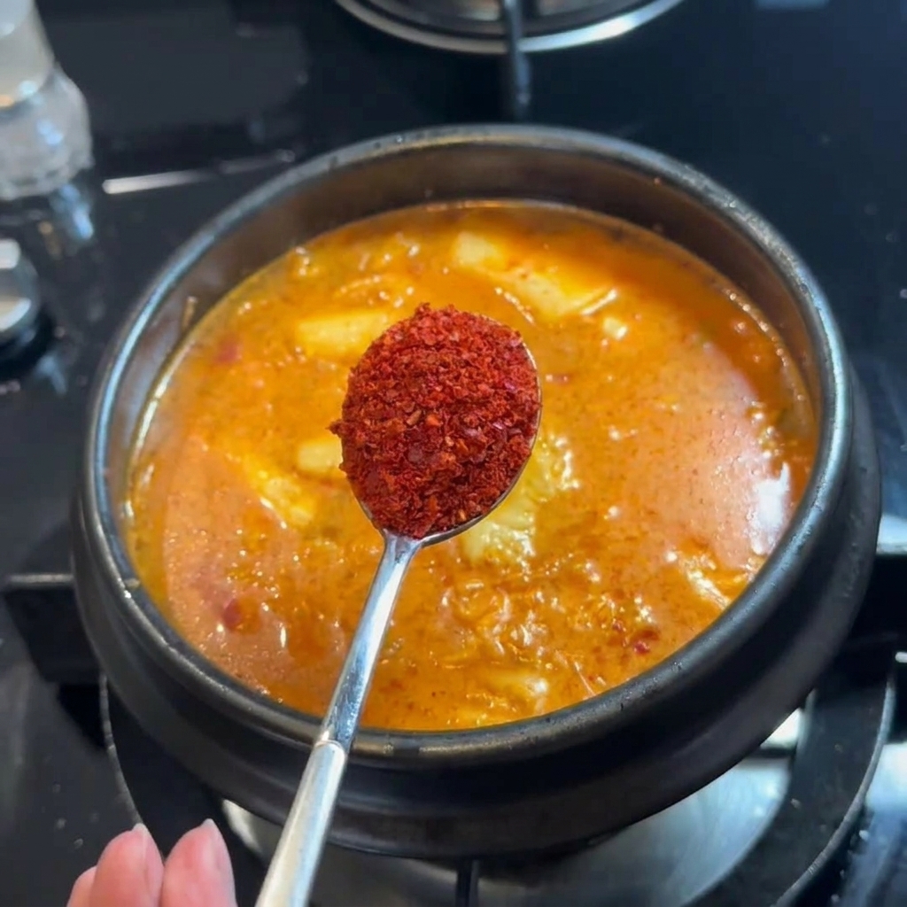 Un cucchiaio colmo di vibrante peperoncino coreano rosso aggiunto alla zuppa.