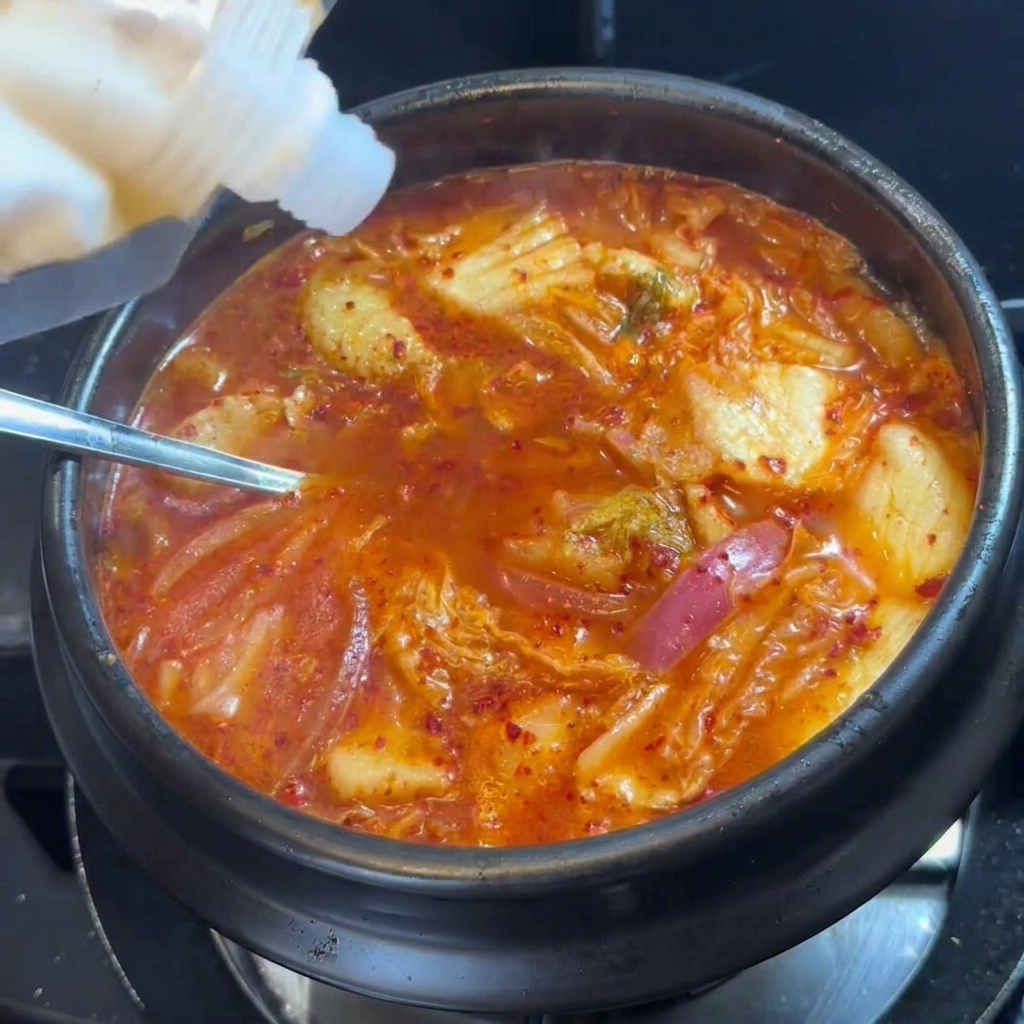 Zucchero bianco versato nella zuppa di kimchi rossa che sobbolle in una pentola scura.