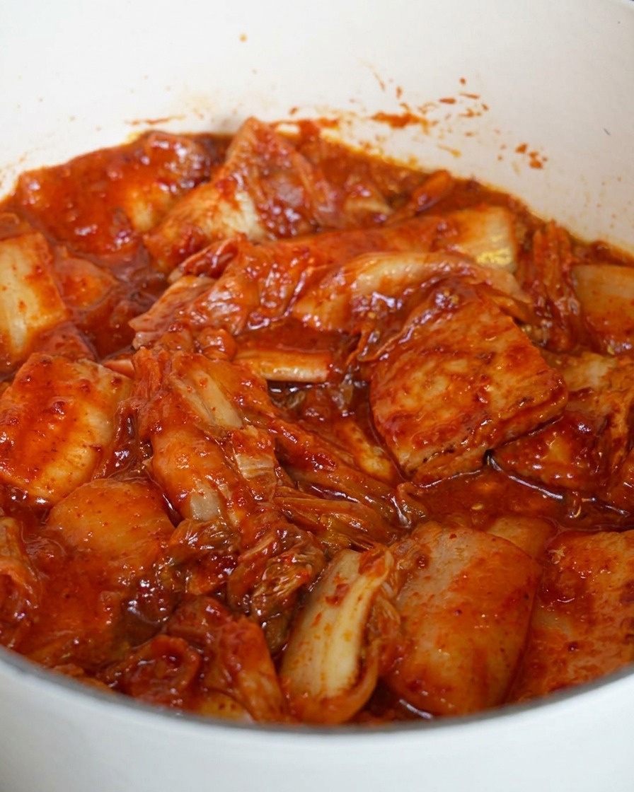 Pezzi di kimchi e pancetta mescolati in una pentola beige, ricoperti uniformemente di salsa piccante.