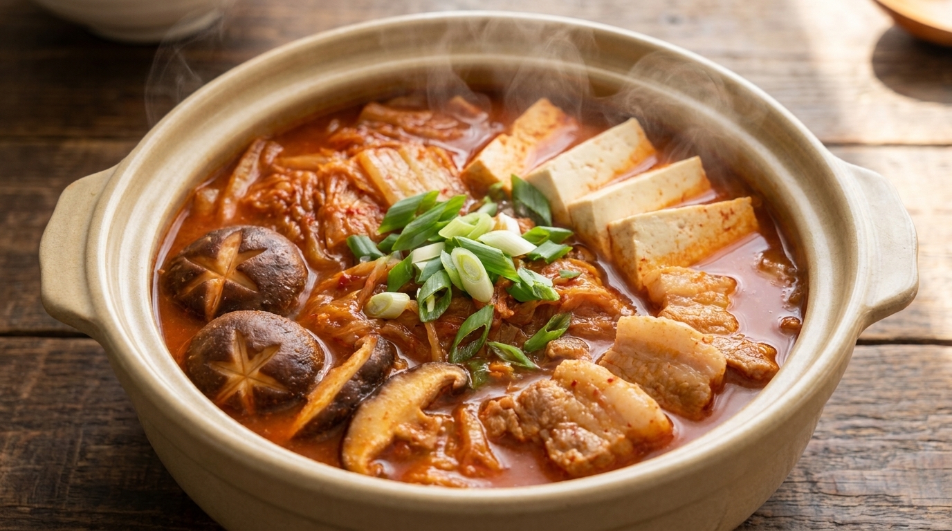 Una pentola in ceramica fumante di Kimchi-jjigae con pancetta tenera, tofu fresco e funghi shiitake