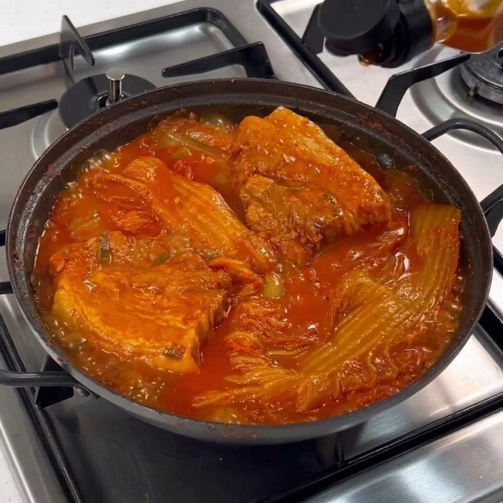 Una pentola di stufato rosso gorgogliante rifinita con un filo dolio dorato versato da una bottiglia.