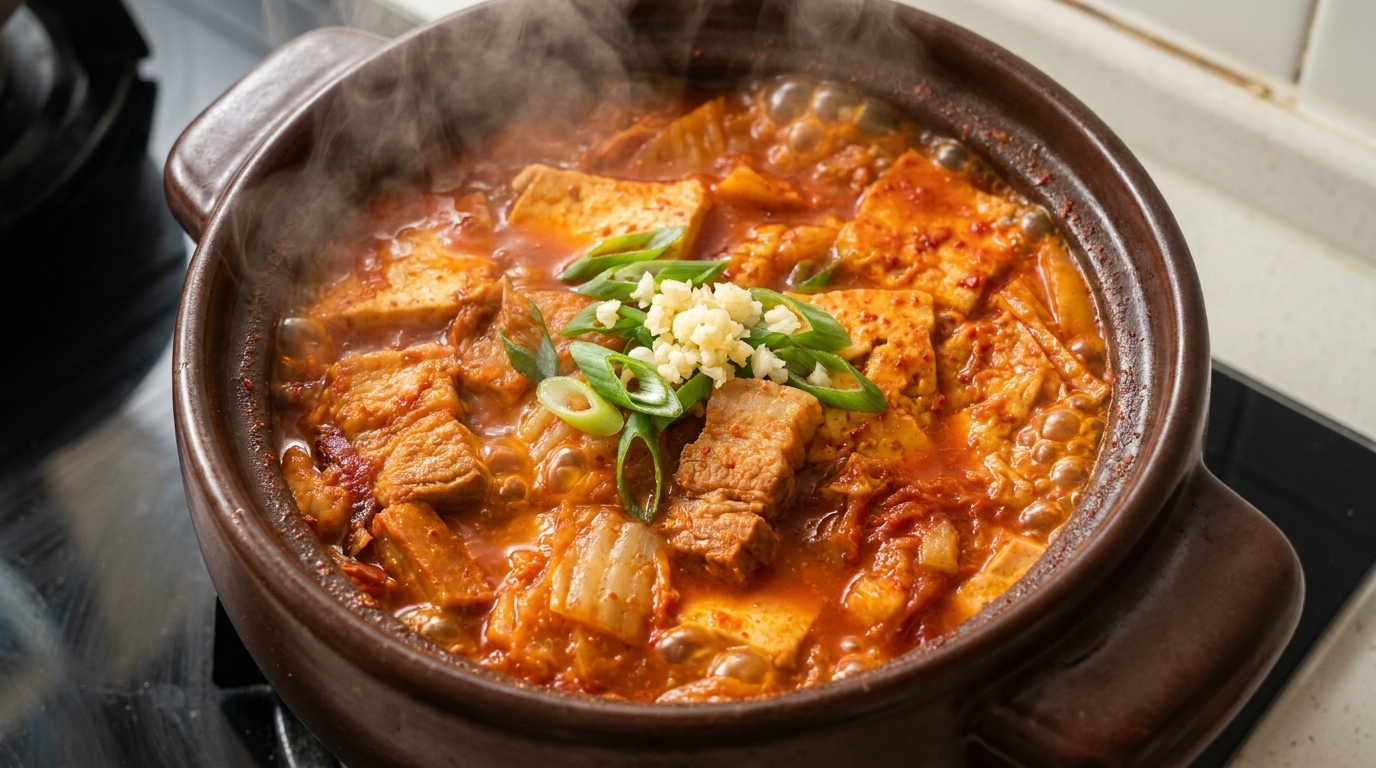 Autentico Kimchi-jjigae con pancetta di maiale (Stufato di Kimchi coreano)