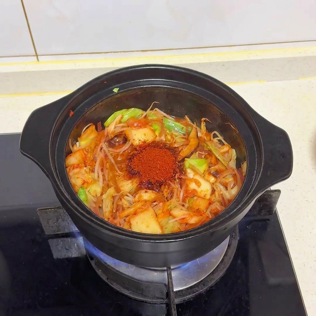 Una piccola montagna di peperoncino rosso fine sopra le verdure nella pentola nera.