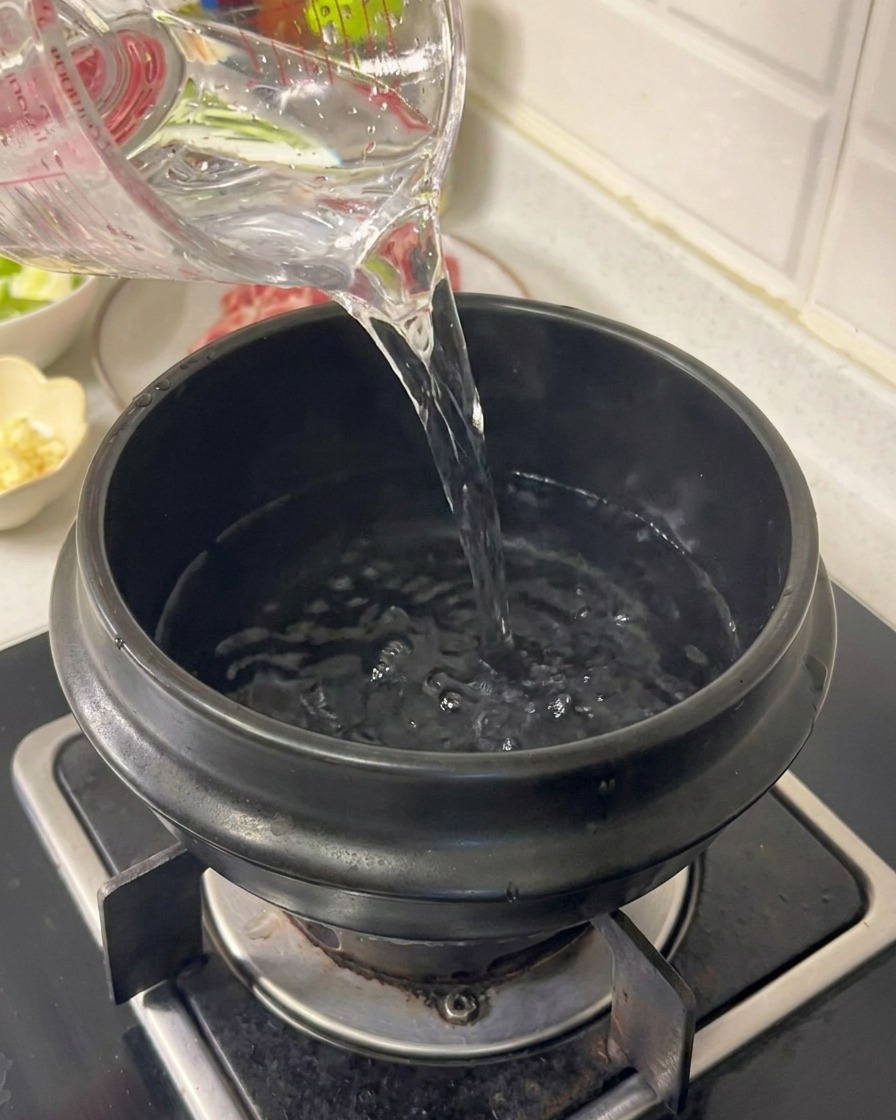 Acqua versata in una pentola tradizionale di ceramica nera su un fornello a gas