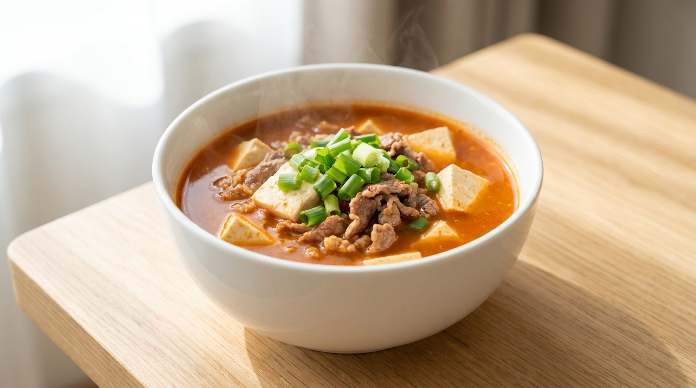 Zuppa veloce di manzo e tofu con pasta di soia (Doenjang-jjigae)