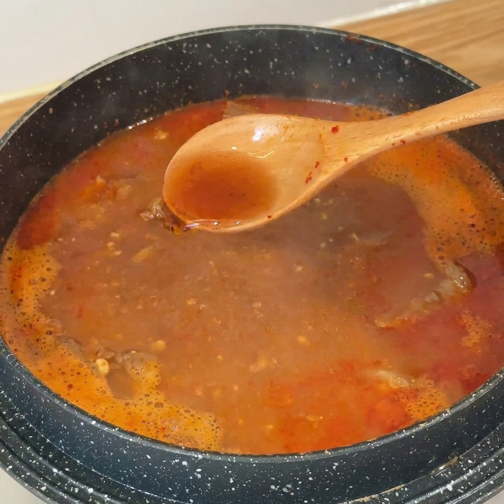 Un cucchiaio di legno con salsa di pesce calato in una base di zuppa rossa ribollente.