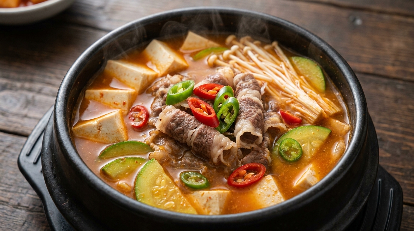 Una pentola ribollente di doenjang-jjigae coreana con tofu, verdure fresche e sottili fette di manzo.