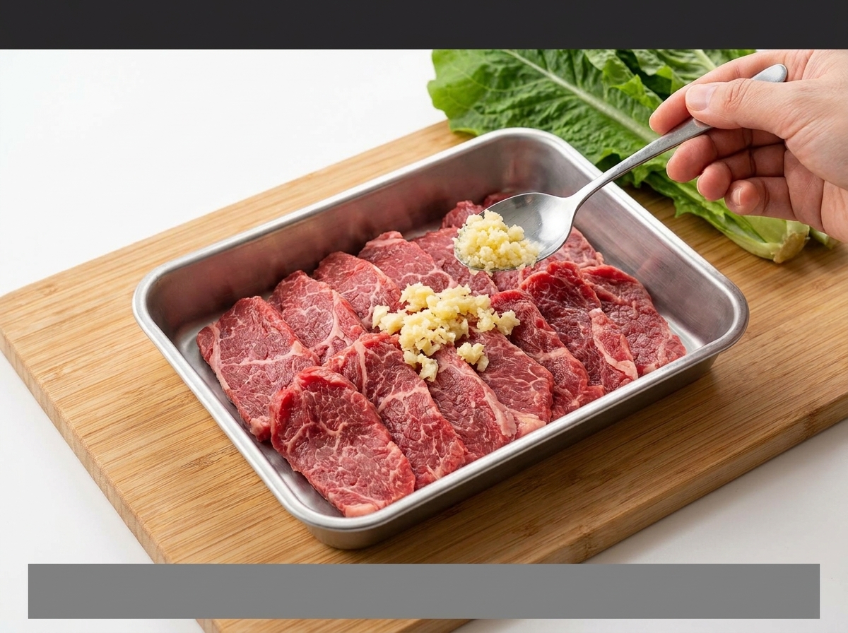 Fettine di manzo crudo con aglio e spezie rosse su un vassoio.