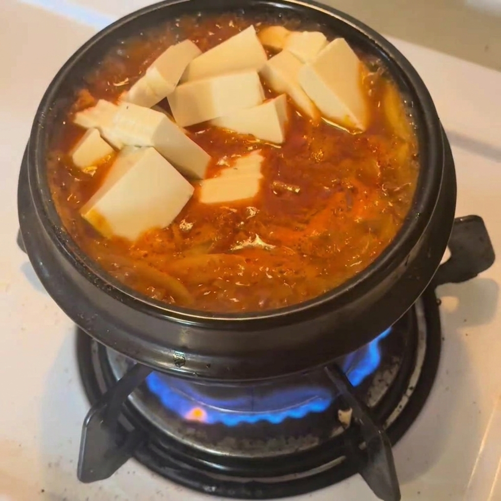 Cubetti di tofu bianco fresco appoggiati sulla superficie dello stufato rosso bollente in una pentola nera.