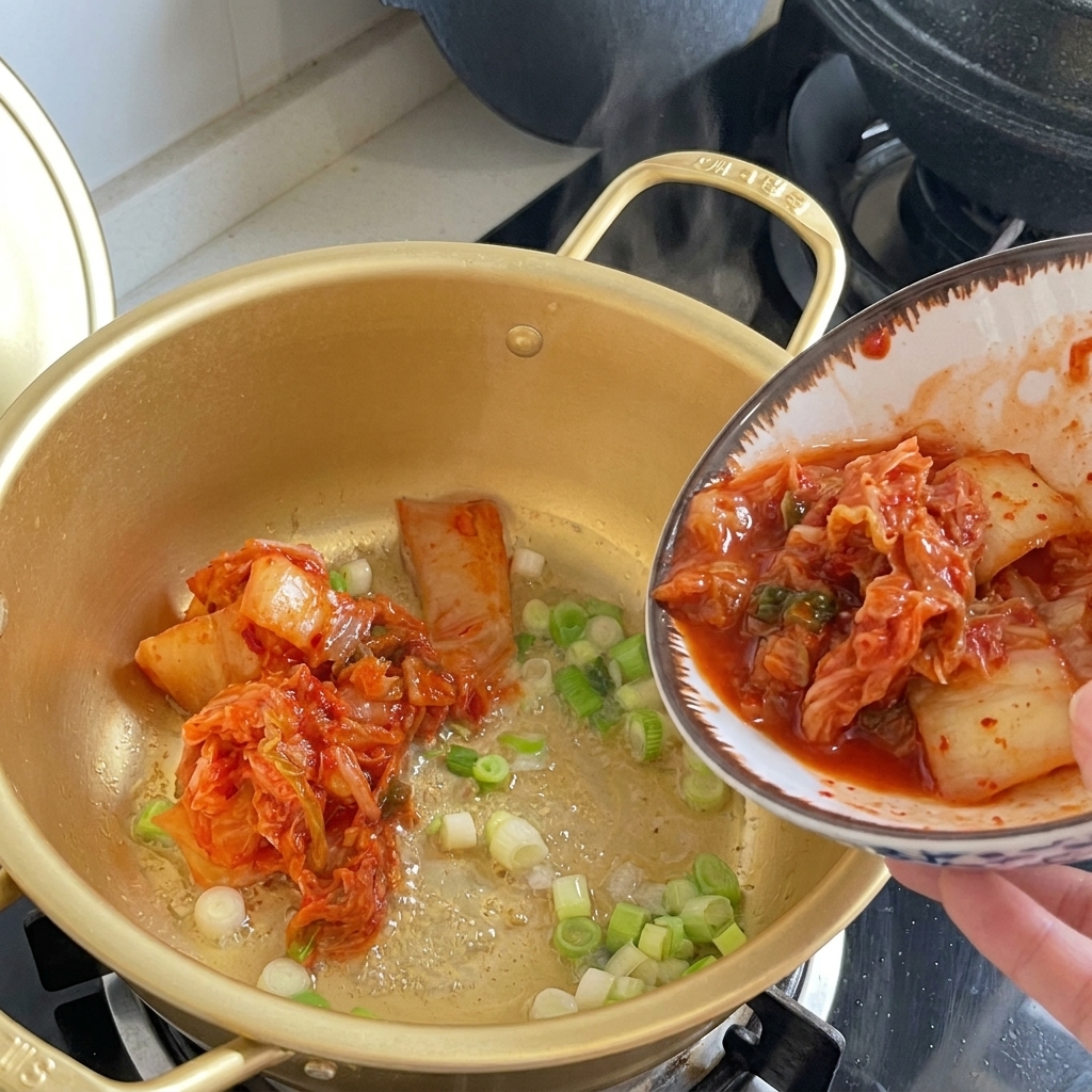 Una persona usa bacchette di legno per trasferire il kimchi da una ciotola bianca a una pentola dorata.