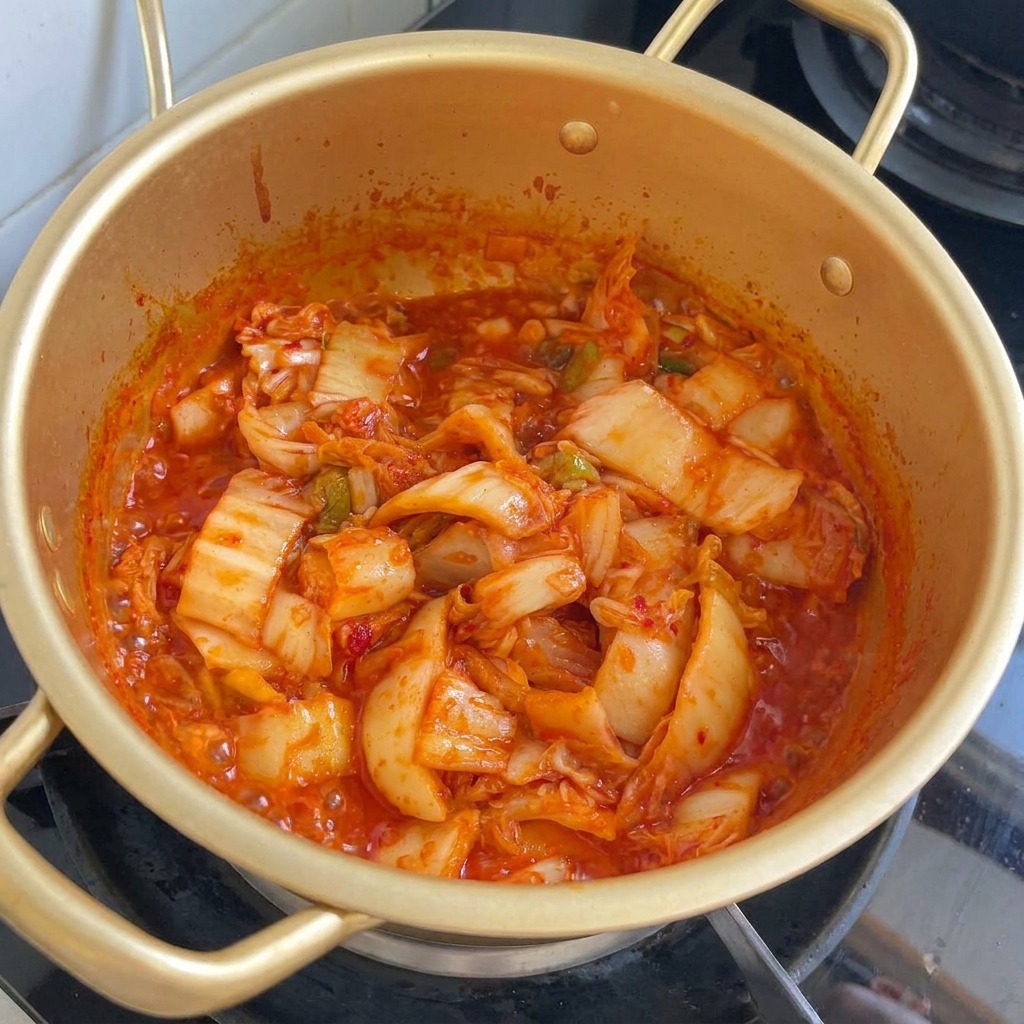Salsa di soia scura versata sul composto ribollente di kimchi e cipollotti in una pentola dorata.