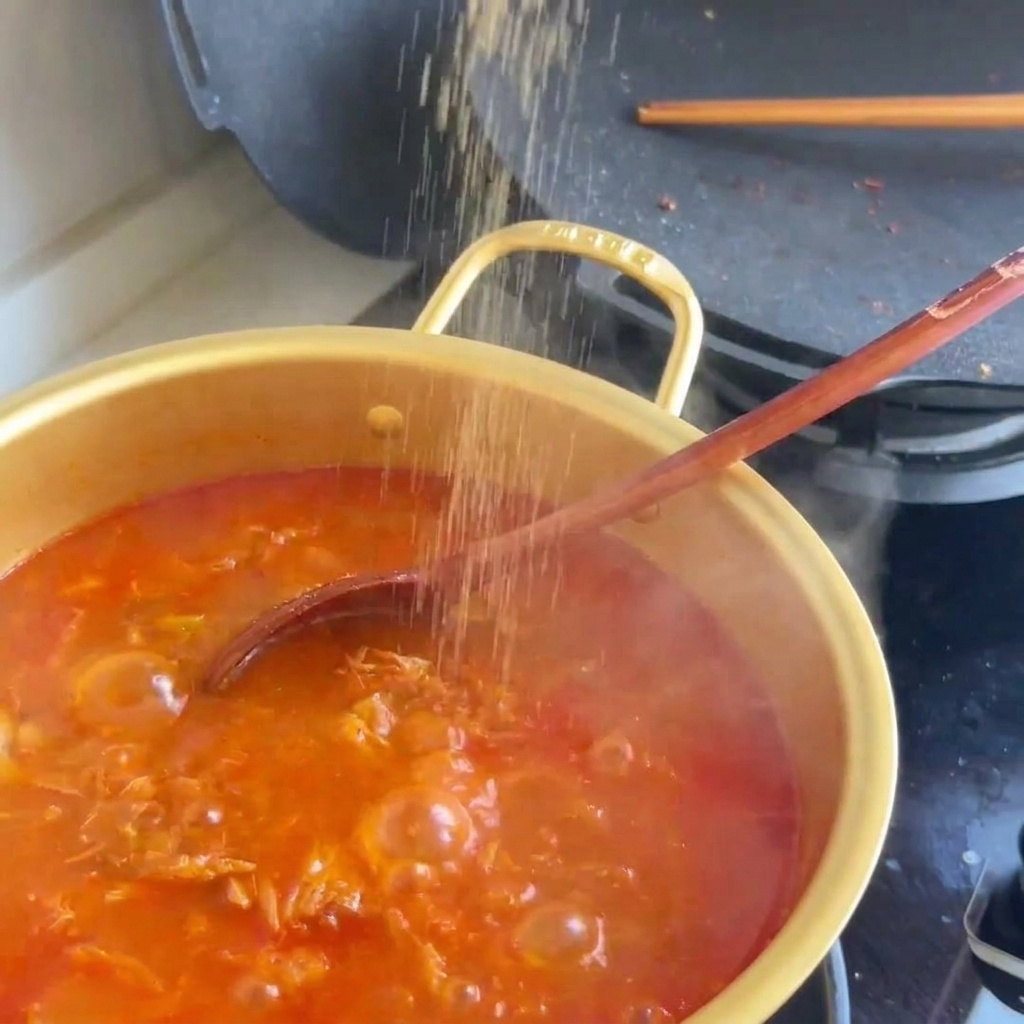 Uova sbattute gialle versate su una piastra circolare nera e strapazzate.